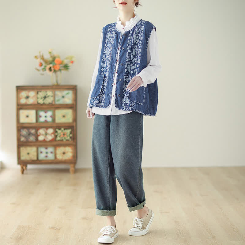 Buddha Stones Spring Fall Vintage Boho Button-Up Floral Tank Top Women's Vest With Pocket