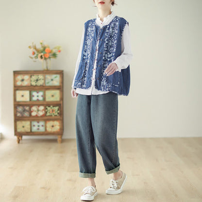 Buddha Stones Spring Fall Vintage Boho Button-Up Floral Tank Top Women's Vest With Pocket