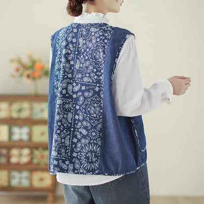Buddha Stones Spring Fall Vintage Boho Button-Up Floral Tank Top Women's Vest With Pocket