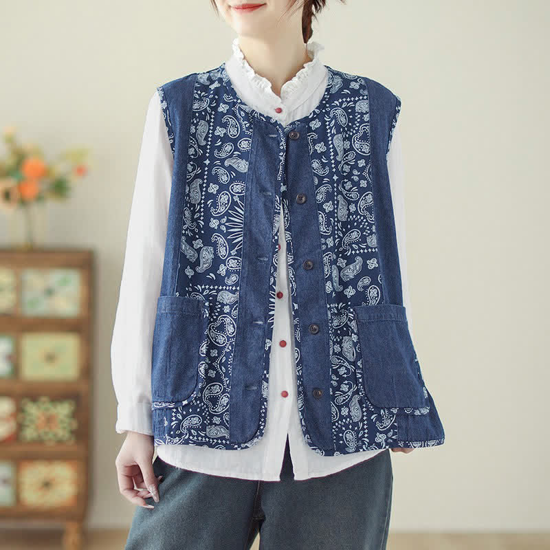Buddha Stones Spring Fall Vintage Boho Button-Up Floral Tank Top Women's Vest With Pocket