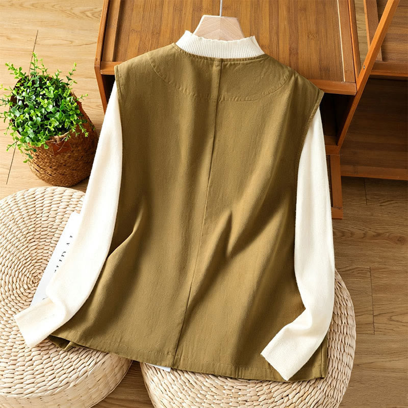 Buddha Stones Summer Casual Minimalist V-Neck Button-Up Solid Tank Top Women's Vest With Pocket