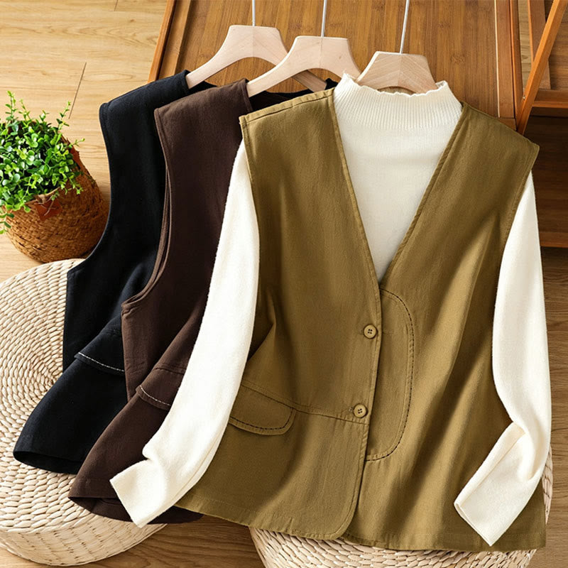 Buddha Stones Summer Casual Minimalist V-Neck Button-Up Solid Tank Top Women's Vest With Pocket