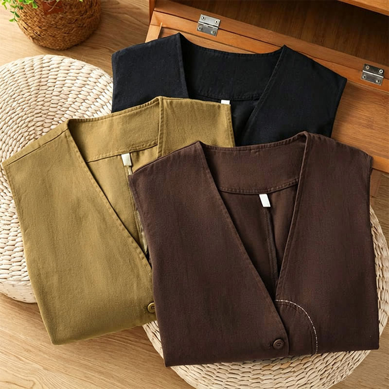 Buddha Stones Summer Casual Minimalist V-Neck Button-Up Solid Tank Top Women's Vest With Pocket