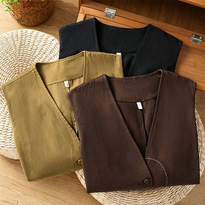 Buddha Stones Summer Casual Minimalist V-Neck Button-Up Solid Tank Top Women's Vest With Pocket