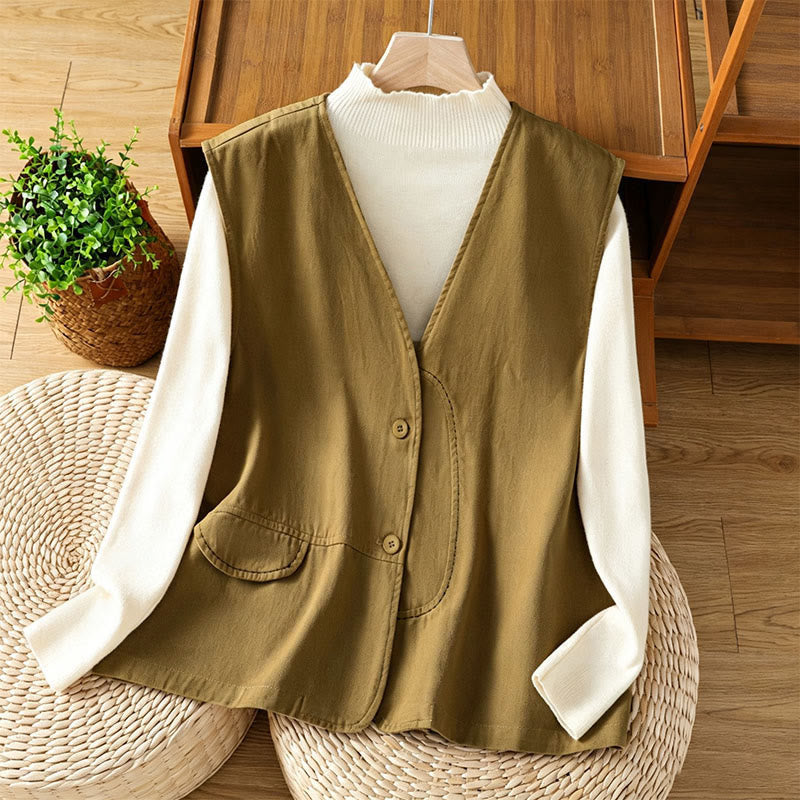 Buddha Stones Summer Casual Minimalist V-Neck Button-Up Solid Tank Top Women's Vest With Pocket