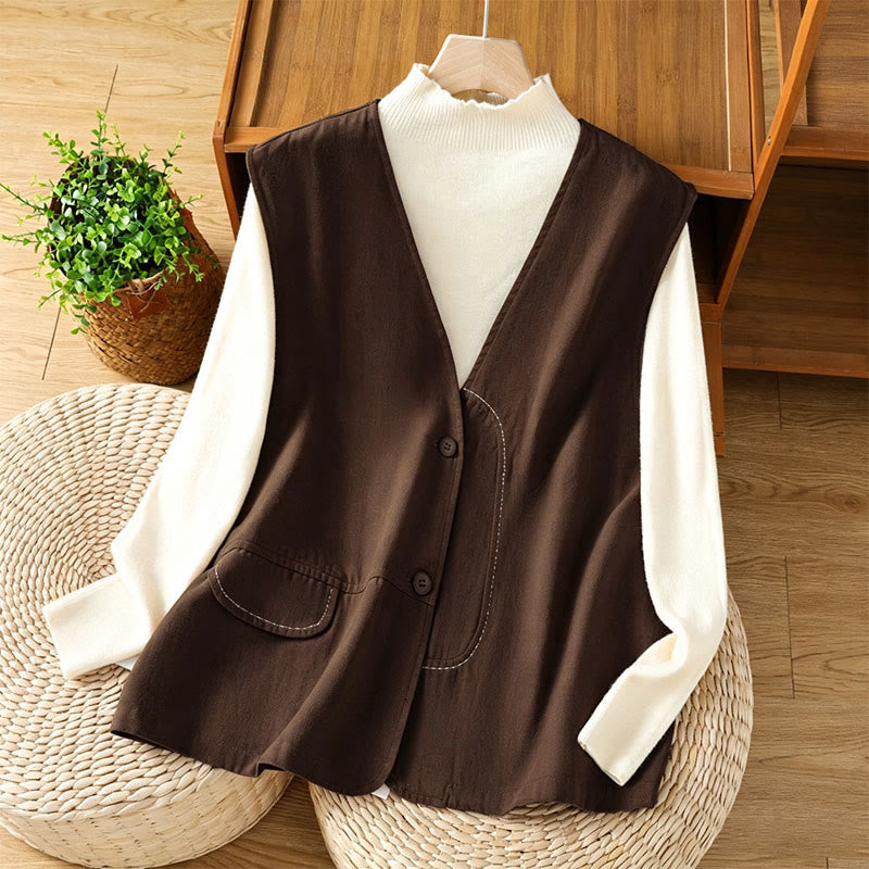 Buddha Stones Summer Casual Minimalist V-Neck Button-Up Solid Tank Top Women's Vest With Pocket