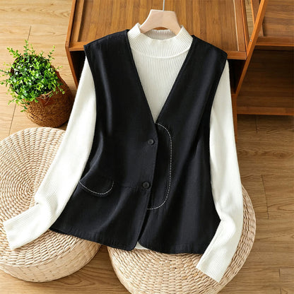 Buddha Stones Summer Casual Minimalist V-Neck Button-Up Solid Tank Top Women's Vest With Pocket