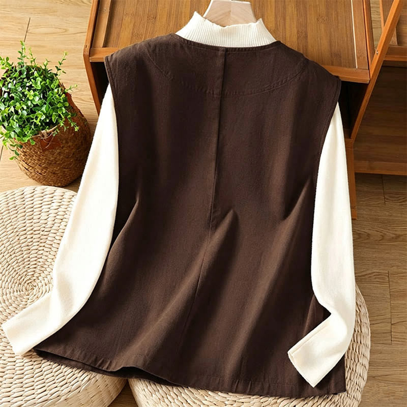 Buddha Stones Summer Casual Minimalist V-Neck Button-Up Solid Tank Top Women's Vest With Pocket