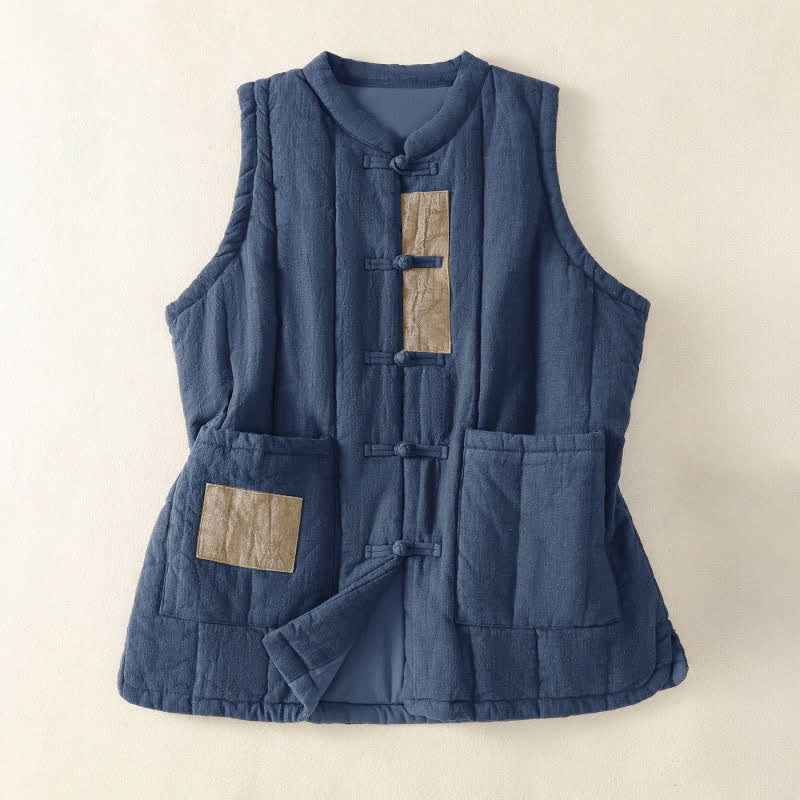Buddha Stones Winter Vintage Tang Style Frog Button Solid Tank Top Women's Vest With Pockets
