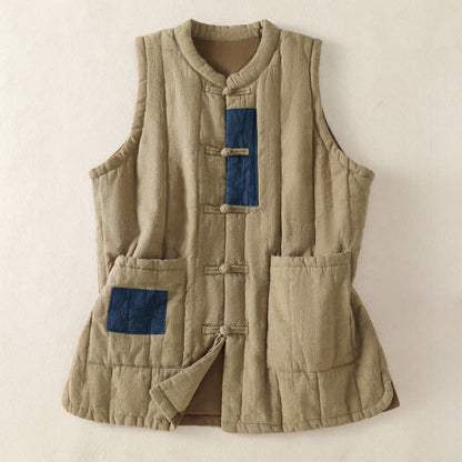 Buddha Stones Winter Vintage Tang Style Frog Button Solid Tank Top Women's Vest With Pockets