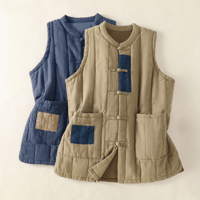 Buddha Stones Winter Vintage Tang Style Frog Button Solid Tank Top Women's Vest With Pockets