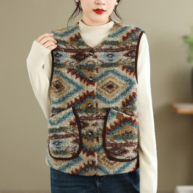 Buddha Stones Fall Winter Casual Vintage Button-Up Geometric Tank Top Women's Vest With Pocket