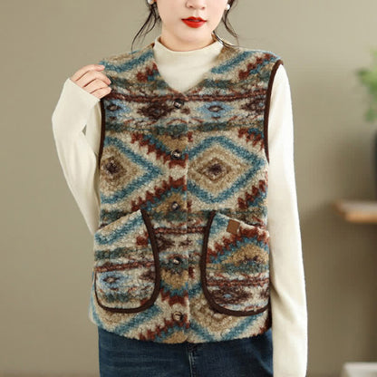 Buddha Stones Fall Winter Casual Vintage Button-Up Geometric Tank Top Women's Vest With Pocket
