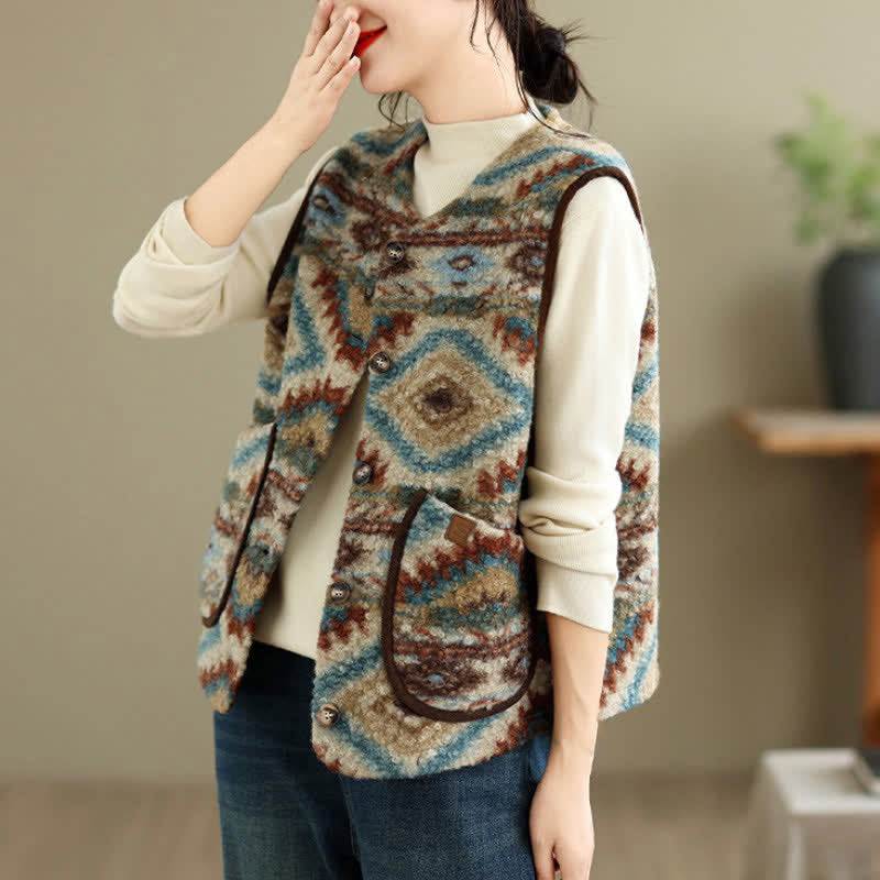 Buddha Stones Fall Winter Casual Vintage Button-Up Geometric Tank Top Women's Vest With Pocket