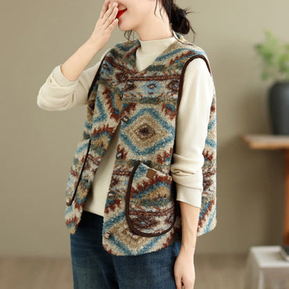 Buddha Stones Fall Winter Casual Vintage Button-Up Geometric Tank Top Women's Vest With Pocket