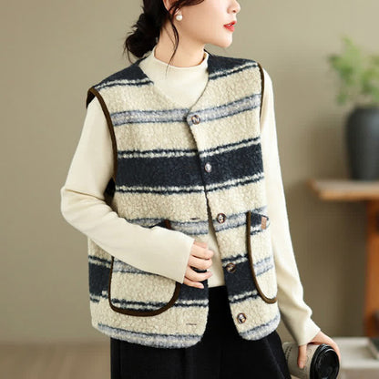 Buddha Stones Fall Winter Casual Vintage Button-Up Geometric Tank Top Women's Vest With Pocket