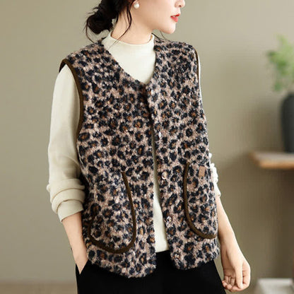 Buddha Stones Fall Winter Casual Vintage Button-Up Geometric Tank Top Women's Vest With Pocket
