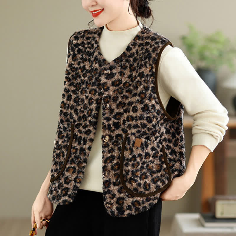 Buddha Stones Fall Winter Casual Vintage Button-Up Geometric Tank Top Women's Vest With Pocket