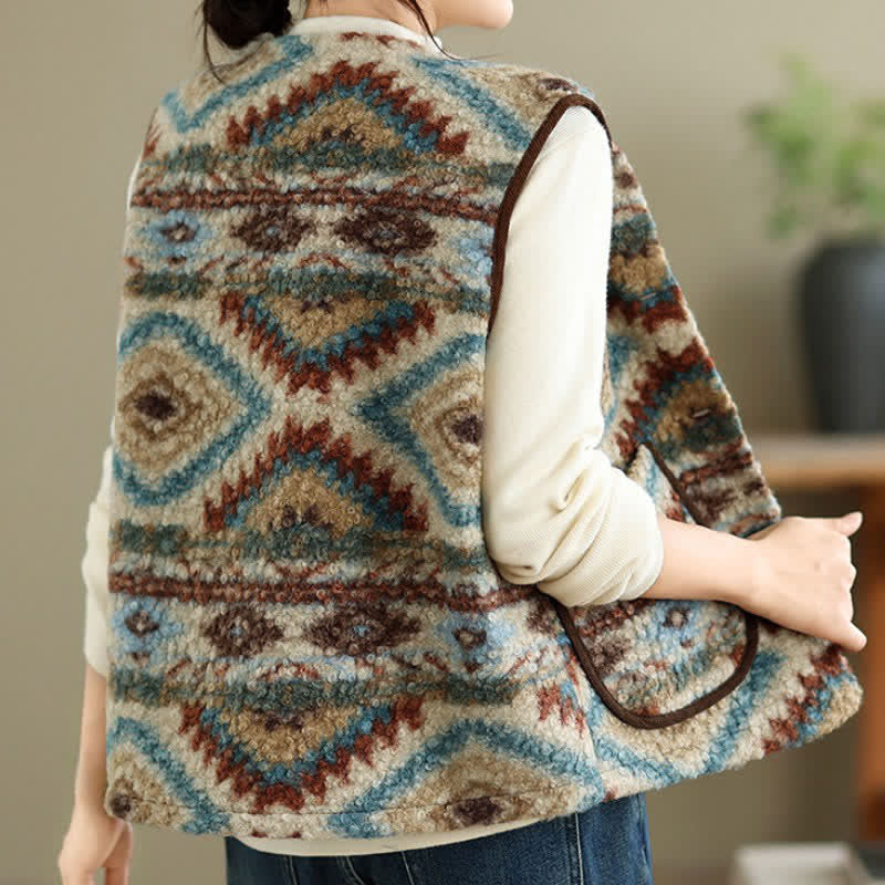 Buddha Stones Fall Winter Casual Vintage Button-Up Geometric Tank Top Women's Vest With Pocket