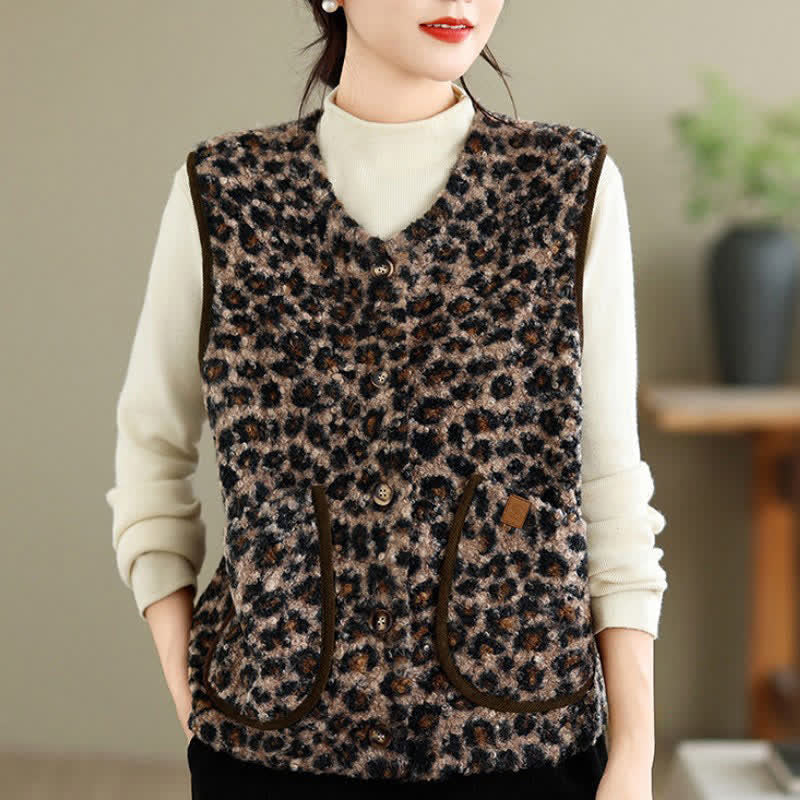 Buddha Stones Fall Winter Casual Vintage Button-Up Geometric Tank Top Women's Vest With Pocket