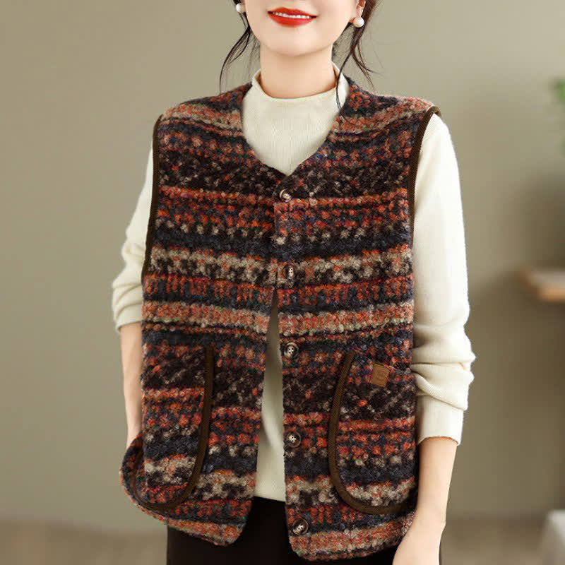 Buddha Stones Fall Winter Casual Vintage Button-Up Geometric Tank Top Women's Vest With Pocket