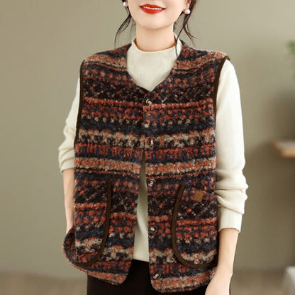 Buddha Stones Fall Winter Casual Vintage Button-Up Geometric Tank Top Women's Vest With Pocket