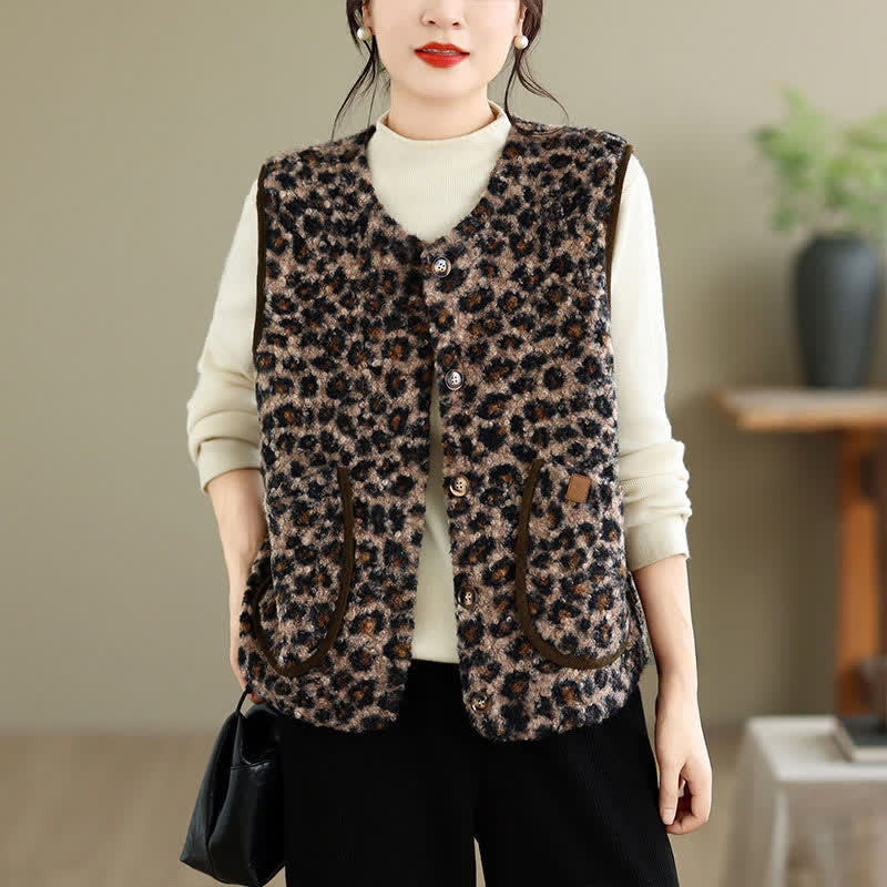 Buddha Stones Fall Winter Casual Vintage Button-Up Geometric Tank Top Women's Vest With Pocket