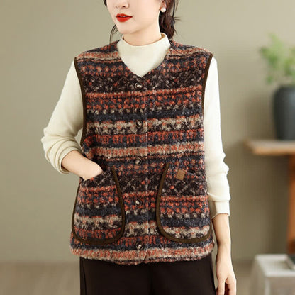 Buddha Stones Fall Winter Casual Vintage Button-Up Geometric Tank Top Women's Vest With Pocket