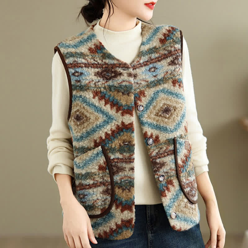 Buddha Stones Fall Winter Casual Vintage Button-Up Geometric Tank Top Women's Vest With Pocket