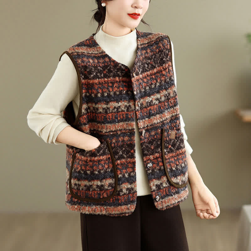Buddha Stones Fall Winter Casual Vintage Button-Up Geometric Tank Top Women's Vest With Pocket