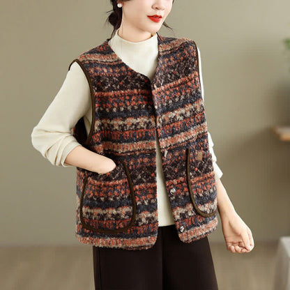 Buddha Stones Fall Winter Casual Vintage Button-Up Geometric Tank Top Women's Vest With Pocket