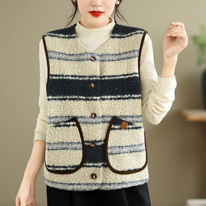 Buddha Stones Fall Winter Casual Vintage Button-Up Geometric Tank Top Women's Vest With Pocket
