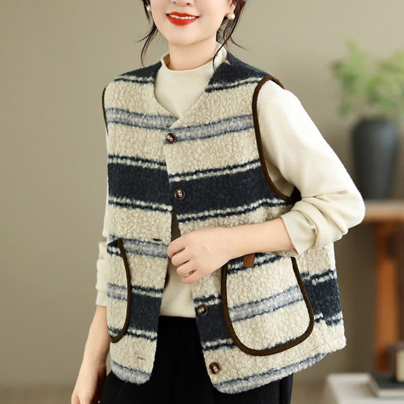 Buddha Stones Fall Winter Casual Vintage Button-Up Geometric Tank Top Women's Vest With Pocket