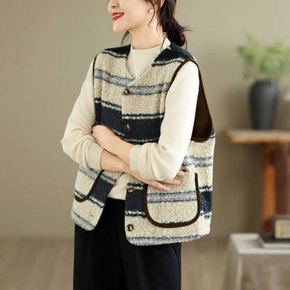 Buddha Stones Fall Winter Casual Vintage Button-Up Geometric Tank Top Women's Vest With Pocket