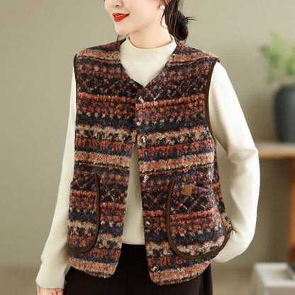 Buddha Stones Fall Winter Casual Vintage Button-Up Geometric Tank Top Women's Vest With Pocket