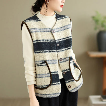 Buddha Stones Fall Winter Casual Vintage Button-Up Geometric Tank Top Women's Vest With Pocket