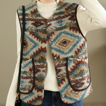 Buddha Stones Fall Winter Casual Vintage Button-Up Geometric Tank Top Women's Vest With Pocket