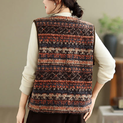 Buddha Stones Fall Winter Casual Vintage Button-Up Geometric Tank Top Women's Vest With Pocket